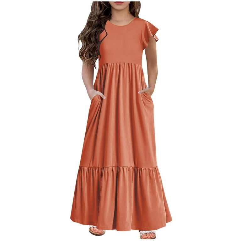 Kids Girls Summer Beach Maxi Dress Solid Color Ruffle Short Sleeve Flowy  Tiered Long Dress Casual Loose Swing Dress with Pockets 6-12 Years -  Walmart.com