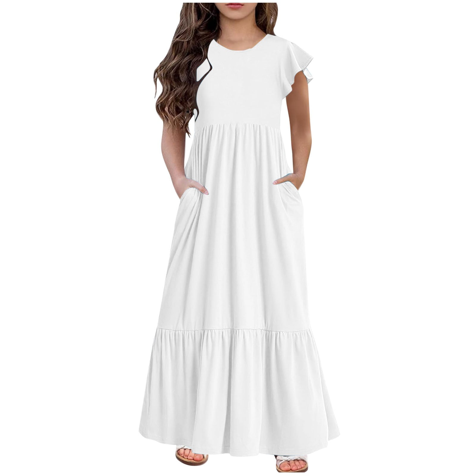 Kids Girls Summer Beach Maxi Dress Solid Color Ruffle Short Sleeve ...