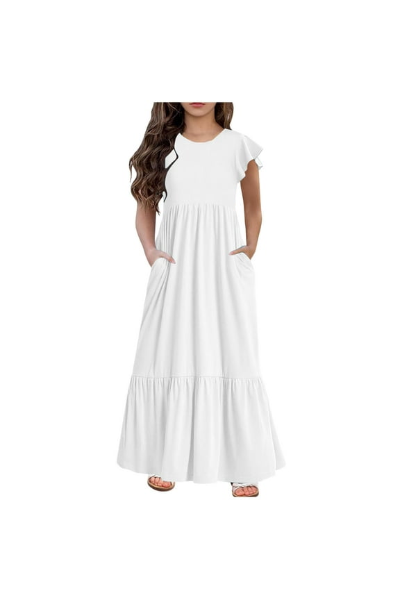 Kids Girls Summer Beach Maxi Dress Solid Color Ruffle Short Sleeve Flowy Tiered Long Dress Casual Loose Swing Dress with Pockets 6-12 Years