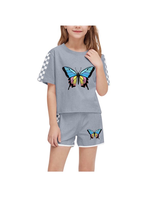 Kids Girls Summer Clothes 2 Piece Checkered Lounge Set Short Sleeve Butterfly Tees Top Shorts Casual Workout Loungewear Gray, 5Y