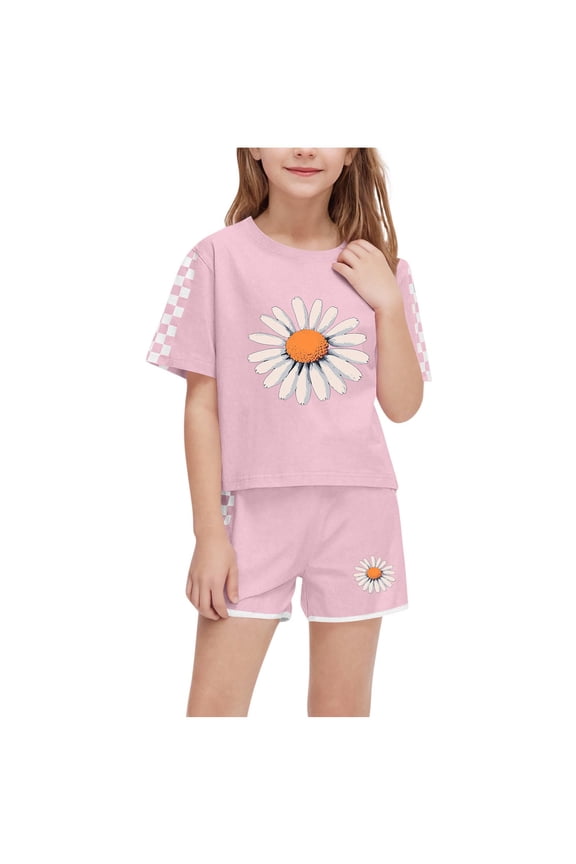 Kids Girls Summer Clothes 2 Piece Checkered Lounge Set Short Sleeve Floral Tees Top Shorts Casual Workout Loungewear Pink, 5Y