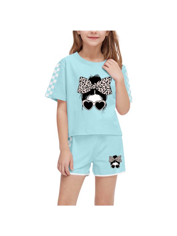 Kids Girls Summer Clothes 2 Piece Checkered Lounge Set Short Sleeve Graphic Tees Top Shorts Casual Workout Loungewear Green, 7Y
