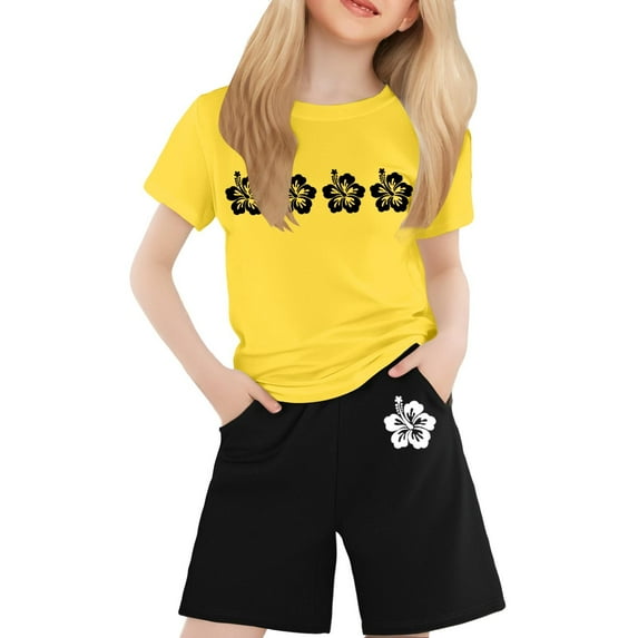 Kids Girls Summer Clothes Fashion Short Sleeve T-Shirt Tops + Shorts Girls 2 Piece Outfits Set Girl Outfits 6-7 Years Cute Girl Clothing