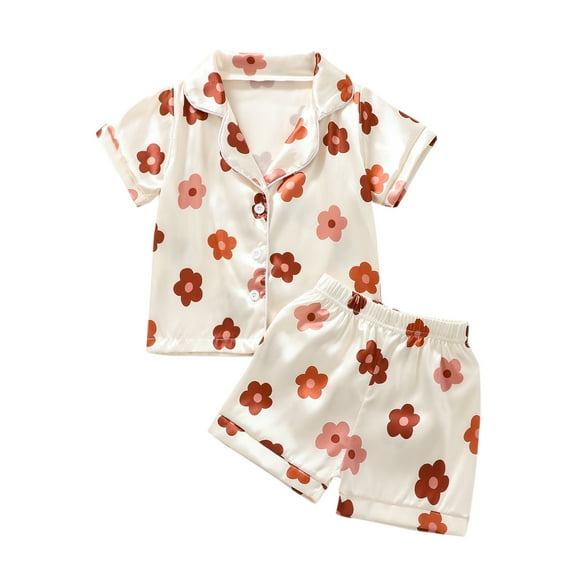 Kids Girls Summer Clothes Outfits 1-7T Flower Print Turn-Down Collar Short Sleeve Tops and Elastic Waist Shorts 2Pcs Suit