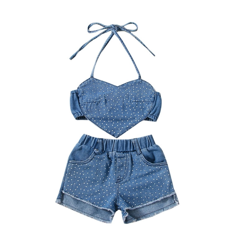 Kids Girls Summer Clothes Set Sleeveless Heart Shape Denim Tops + Ripped  Jeans Baby Valentine's Day Shorts Outfits 