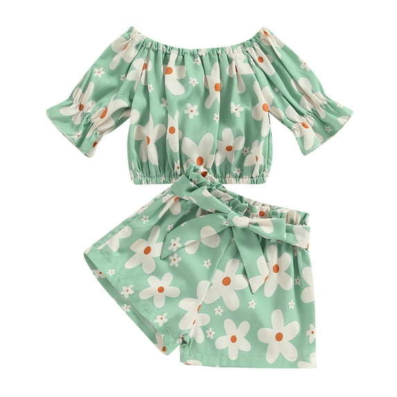 Kids Girls Summer Clothes Sets 2pcs Floral Print Short Sleeve Off Shoulder Tops Elastic Waist Bow Shorts 12M 24M 2Y 3Y 4Y 5Y