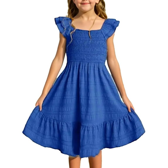 Kids Girls Summer Dresses Cute Double Layer Ruffle Sleeve Smocked Flowy Dress Sundress 3-14 Years