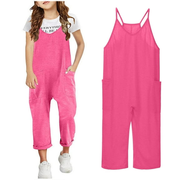 Kids Girls Summer Jumpsuits Spaghetti Strap Rompers With Pockets Wide Leg Harem Pants Girls Outfits Size 8-10