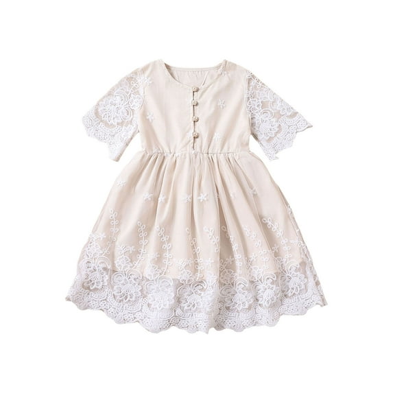 Kids Girls Summer Lace A-line Dress Little Girls Short Sleeve Button Down Princess Dress Casual Floral Print One Piece Dress for Birthday Party 1-6T
