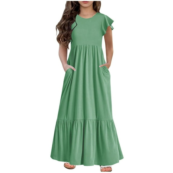 Kids Girls Summer Maxi Dress Solid Color Ruffle Short Sleeve Flowy Tiered Long Dress Casual Loose Swing Holiday Beach Dress with Pockets 6-12 Years