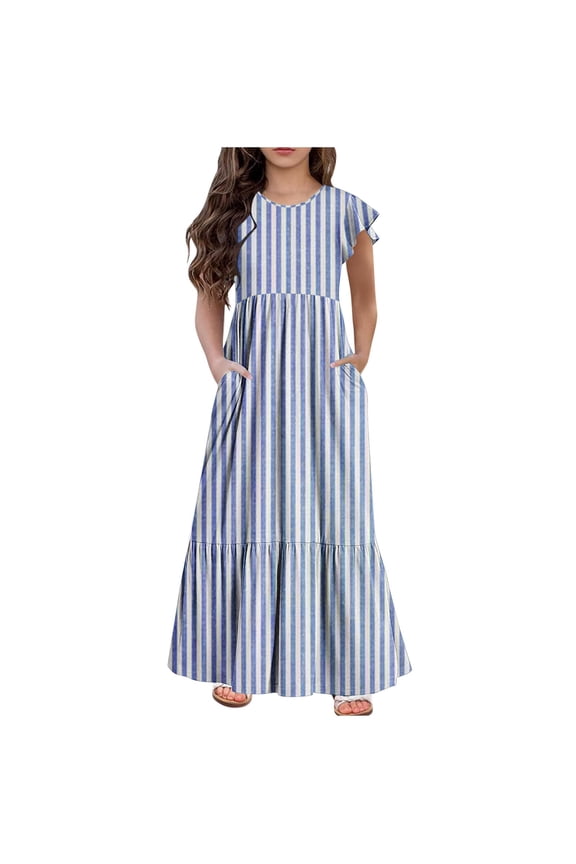 Kids Girls Summer Maxi Dress Striped Crewneck Short Sleeve Flowy Ruffle Long Dress Casual Loose Swing Dress with Pockets 6-12 Years