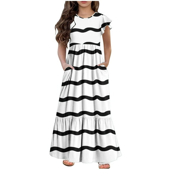Kids Girls Summer Maxi Dress Striped Printed Short Sleeve Flowy Long Dress Casual Loose Swing Twirly Beach Sundress with Pockets 6-12 Years