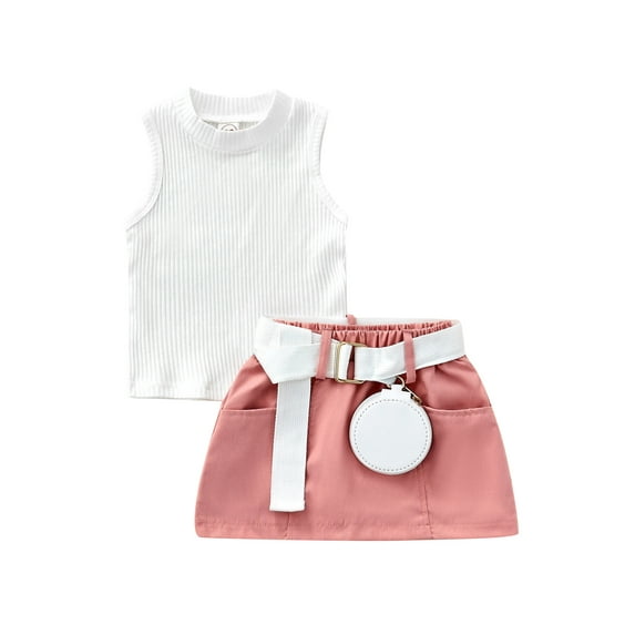 Kids Girl Summer Skirt Outfit Sleeveless Tank Tops and Casual Pocket Mini Skirt and Fanny Pack Set