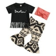 thumbnail image 1 of Kids Girls Summer Outfits 6 12 18 24M 3 4T Letters Print Short Sleeve T-shirt with Tassels and Casual Flare Pants Headbands Set, 1 of 9