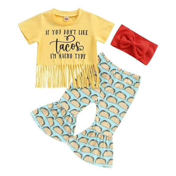 Kids Girls Summer Outfits 6 12 18 24M 3 4T Letters Print Short Sleeve T-shirt with Tassels and Casual Flare Pants Headbands Set