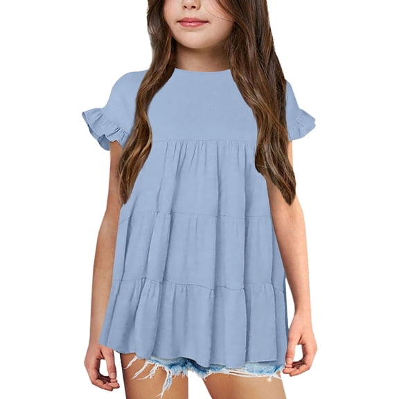 Coerni Kids Girls Summer T-Shirt Solid Color Short Sleeved Tunic Tops, Fashion Casual Pullover, Ruffled Cute Tees Tops
