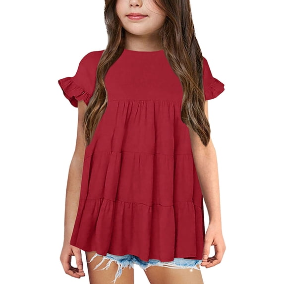 Coerni Kids Girls Summer T-Shirt Solid Color Short Sleeved Tunic Tops, Fashion Casual Pullover, Ruffled Cute Tees Tops