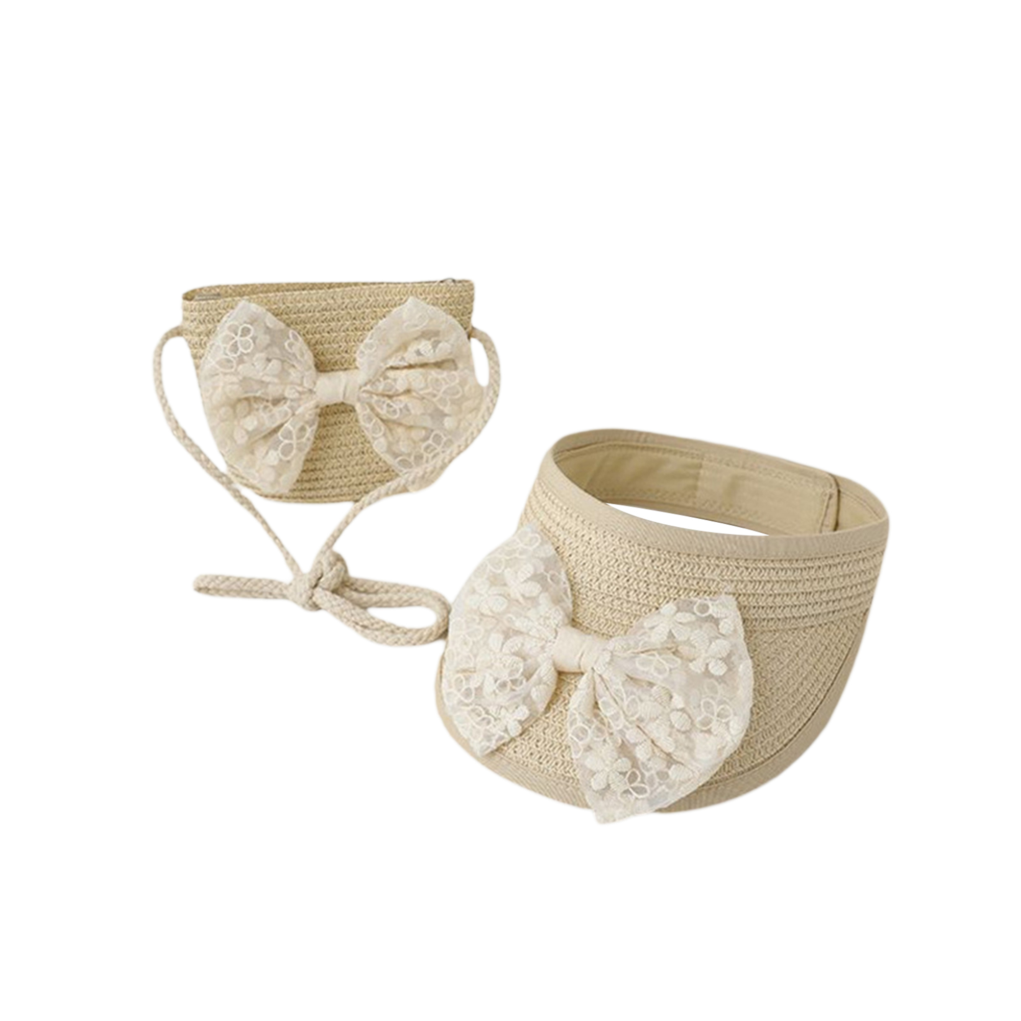 Kids Girls Sun Visor Hat Bow Empty Top Straw Cap and Crossbody Bag