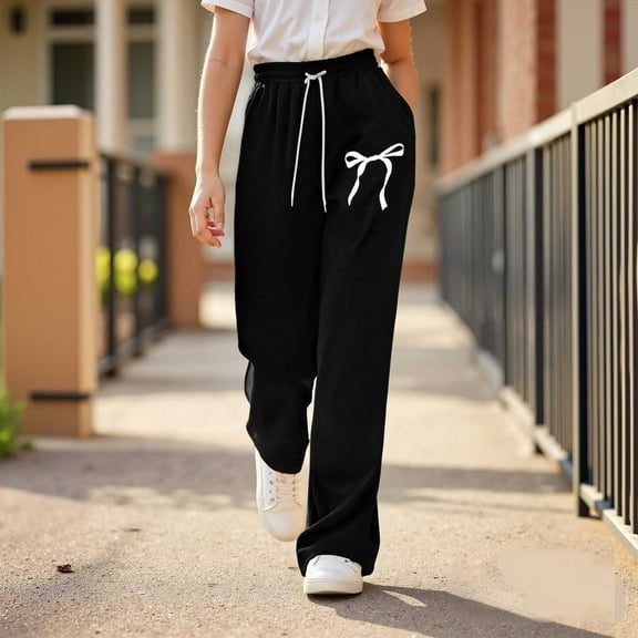 Kids Girls Sweatpants Girls Athletic Joggers with Pockets Drawstring Pants Girls Bowknot Black Sweatpants Boys Pants Size 8-9 Years