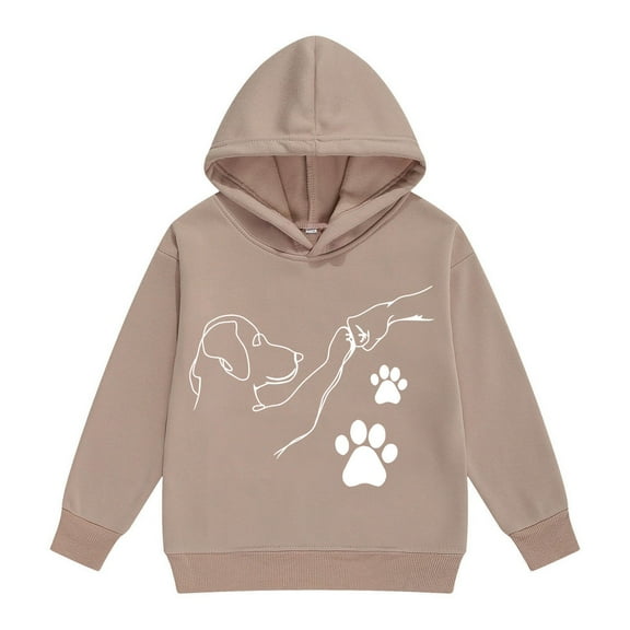 Kids Girls Sweatshirt Girls Long Sleeve Hooded Sweatshirt with Cartoon Bump Fist Print for Autumn Winter Casual Pullover Tops Khaki 4-5 Years