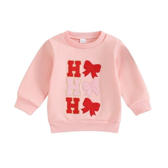 Kids Girls Sweatshirts Christmas Clothes Letter Bow Embroidered Crew Neck Long Sleeve Fall Toddler Pullovers Tops