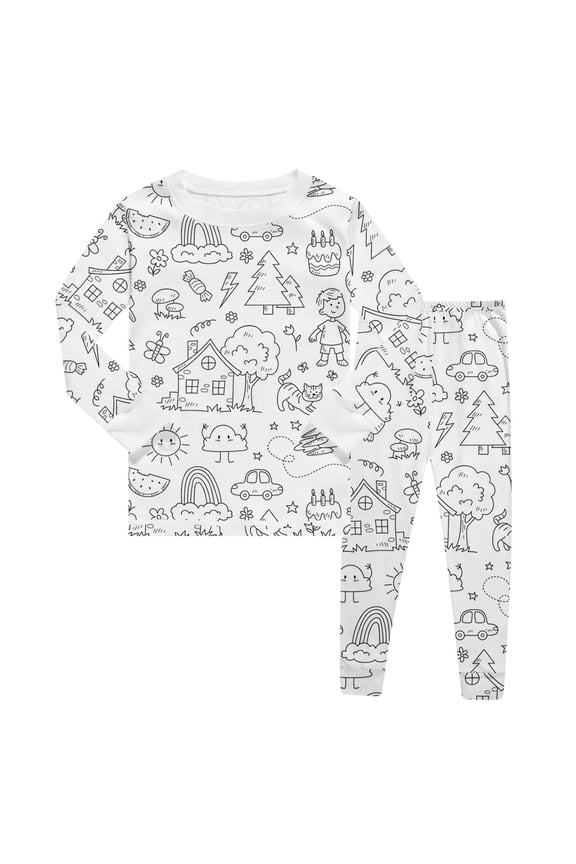 Kids Girls Sweatsuits 2 Piece Set Sketch Coloring DIY Hand Drawn Hoodie Set Unisex Sweatshirt And Pants Outfit Fall Winter Outfits 3-4 Years