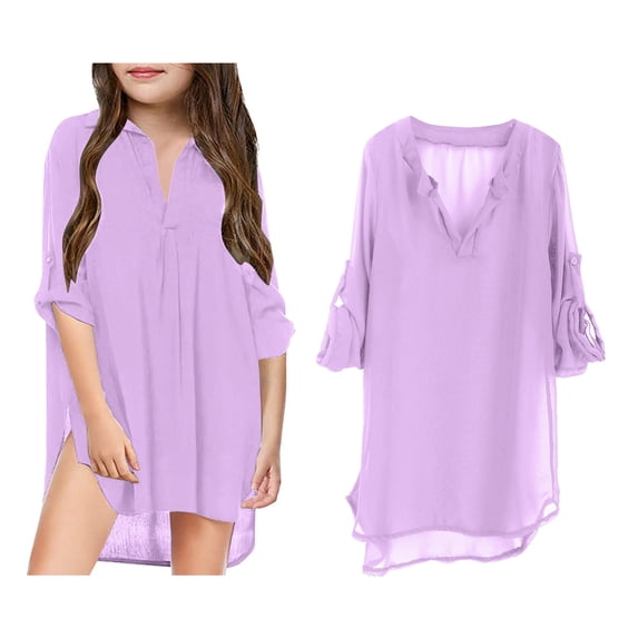 Kids Girls Swim Cover Up Long Sleeve Chiffon Shirt Quick Dry Swim Dress Beach Coverups for Girls 4-5 Years