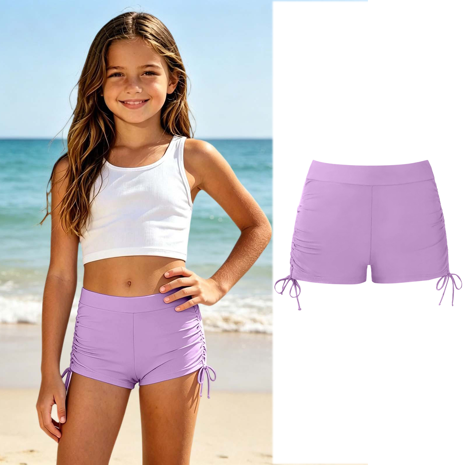 Kids Girls Swim Trunks Fashion High Waisted Swim Shorts Light Purple Bikini Bottoms Swimming Suit Girls Swim Trunks Size 7-8 Years