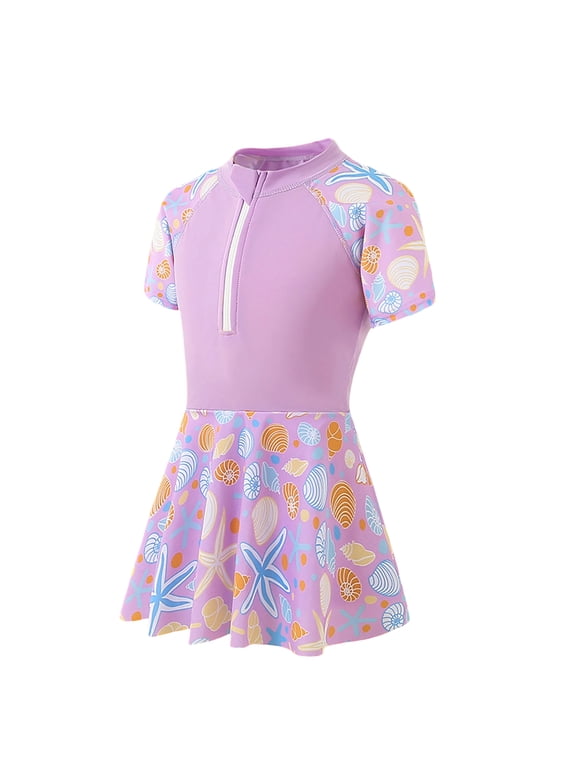 Kids Girls Swimming Suit Sun Swim Dress Soft Floral Print Piece Swimsuit with Short Sleeves Built In Shorts Bathing Suit Swimwear
