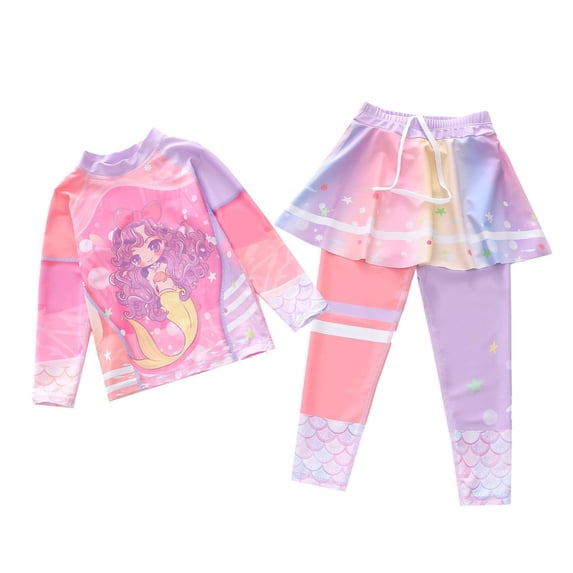 Kids Girls Swimming Suit Two Piece Swimwear Cute Cartoon Print Sun Bathing for Kids Swimsuits