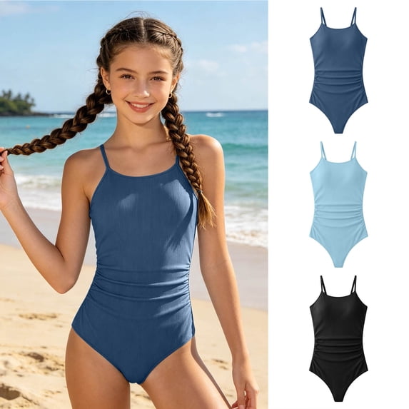 Kids Girls Swimsuit 1 Piece Bathing Suit Sport Beach Bathing Suit Quick Dry Adjustable Straps Blue Girls' Swimwear 9-10 Years