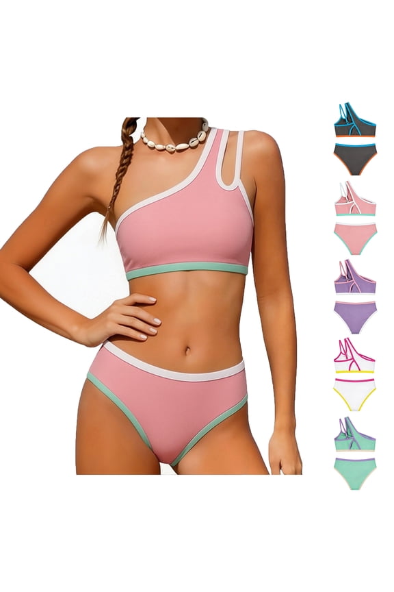 Kids Girls Swimsuit Pink Two Piece 1 Shoulder Bathing Suit With Chest Pad Color Block High Waisted Bikini 7-8 Years