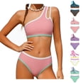 thumbnail image 1 of Kids Girls Swimsuit Pink Two Piece 1 Shoulder Bathing Suit With Chest Pad Color Block High Waisted Bikini 9-10 Years, 1 of 6
