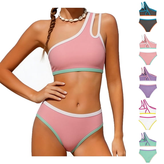 Kids Girls Swimsuit Pink Two Piece 1 Shoulder Bathing Suit With Chest Pad Color Block High Waisted Bikini 9-10 Years