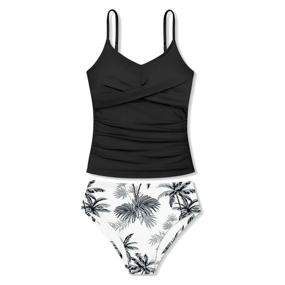 Kids Girls Swimsuit Summer Leaf Print Two Piece Bathing Suit Ruched Girls Tankini Sets for Big Kids Black 10 Years-11 Years