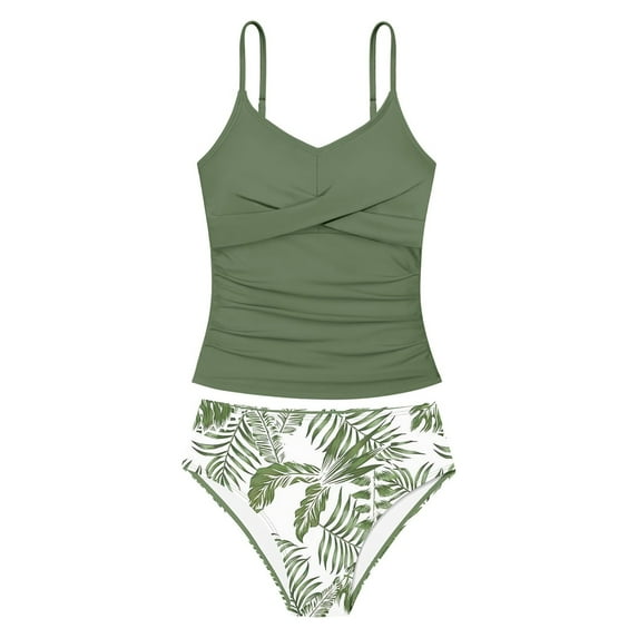 Kids Girls Swimsuit Summer Leaf Print Two Piece Bathing Suit Ruched Girls Tankini Sets for Big Kids Green 13 Years-14 Years