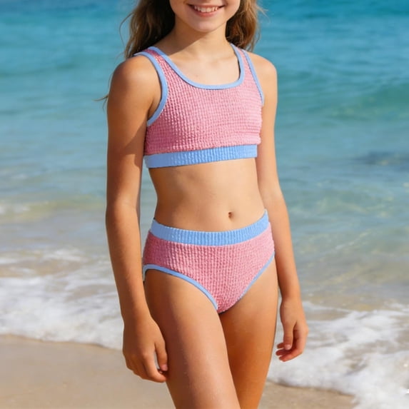 Kids Girls Swimsuit Two Piece Tankini Sets Sleeveless Crop Tank Top with Shorts Outfits Swimming Costume Pink 13-14 Years