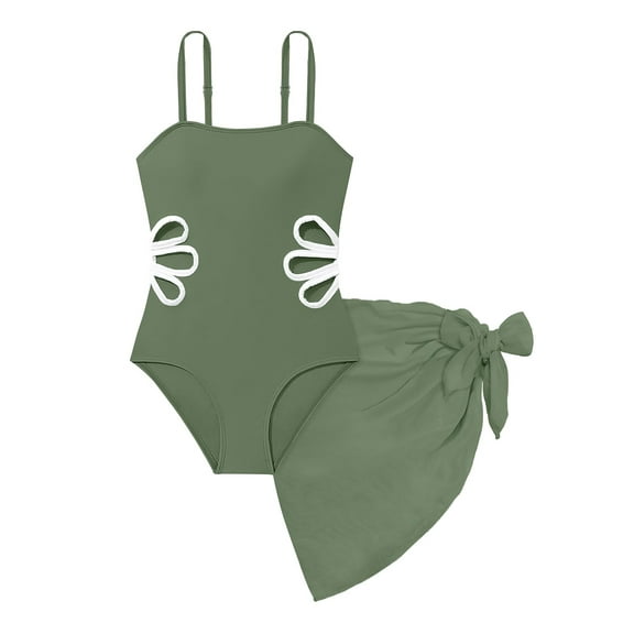 Kids Girls Swimsuits Adjustable Straps Cut Out One Piece Bathing Suits with Cover Ups Beach Skirt Matching Bathing Suits for Kids