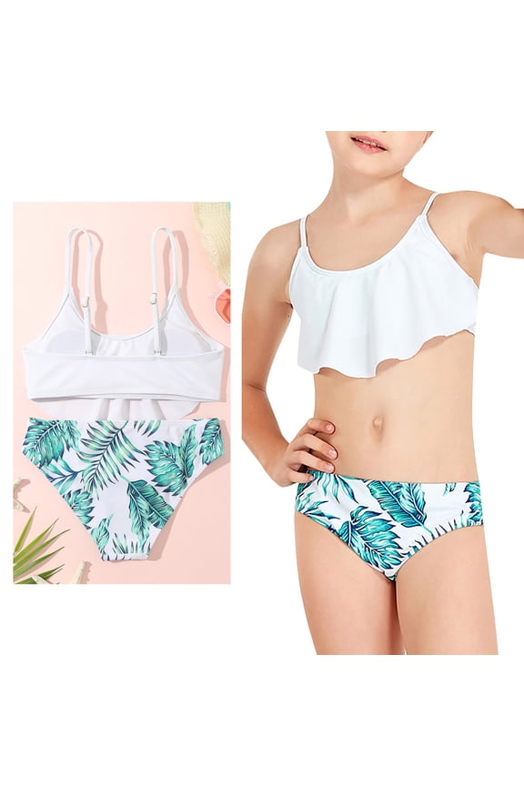 Kids Girls Swimsuits Ruffled 2 Piece Bikini Sets with Chest Pad Bathing Suit for Kids 9-10 Years
