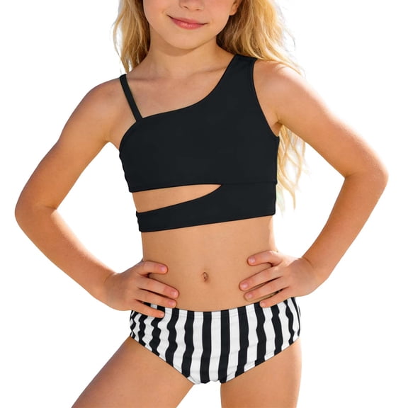 Kids Girls Swimsuits Striped Print Two Piece Tankini Bikini with Ruffle High Waist Bottom for Black 7 Years-8 Years