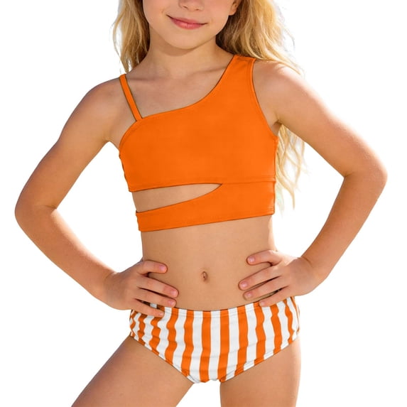 Kids Girls Swimsuits Striped Print Two Piece Tankini Bikini with Ruffle High Waist Bottom for Orange 8 Years-9 Years