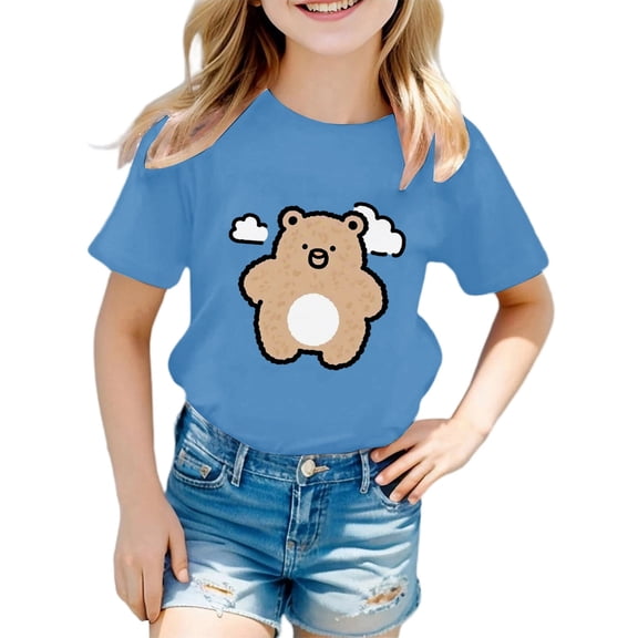 Kids Girls T Shirts Blue Printed Girls Short Sleeve Tops Crewneck Girls Summer Tops Girls Clothing 3-4 Years