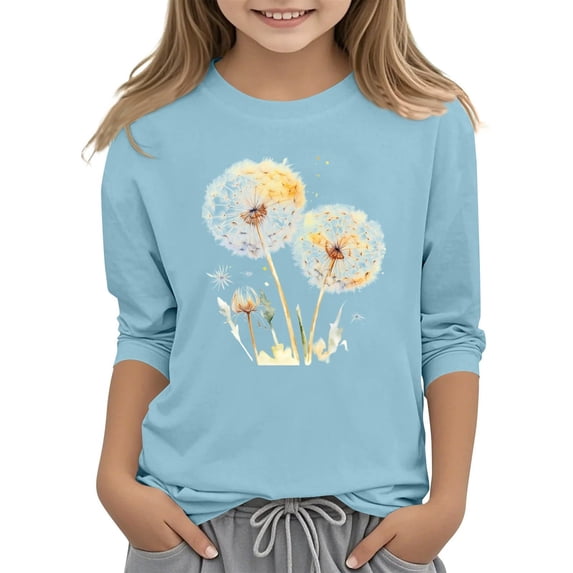Kids Girls T Shirts Casual Printed Flowers Long Sleeve Tee Crewneck Color Block Cute Spring Fall Blouses Tops Slim Fit Tshirt