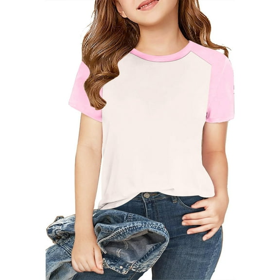 Kids Girls T-Shirts Casual Soft Raglan Short Sleeve Crewneck Color Block Summer Tees 1-15 Years