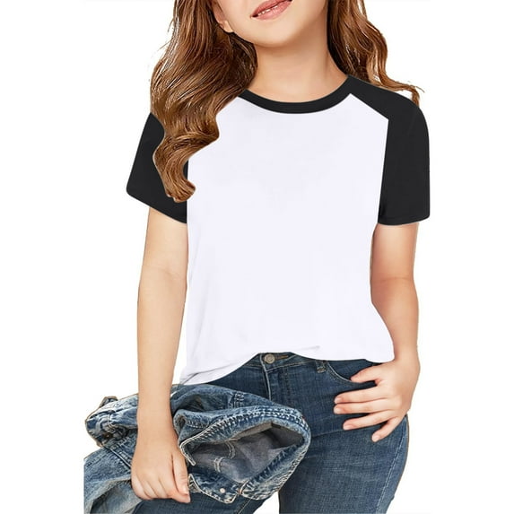 Kids Girls T-Shirts Casual Soft Raglan Short Sleeve Crewneck Color Block Summer Tees 1-15 Years 50% Saving