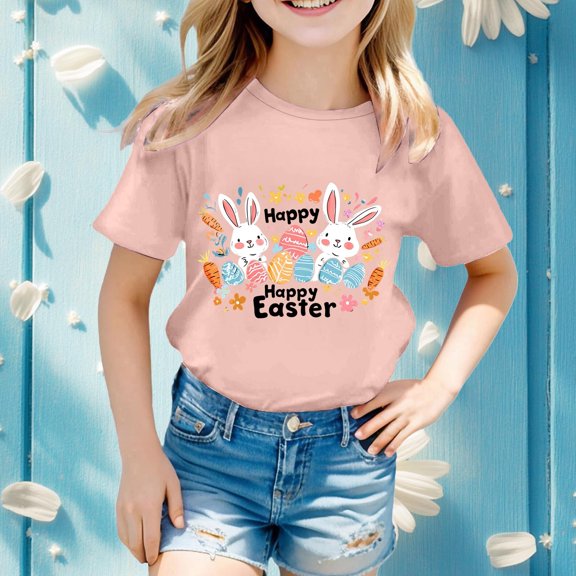 Kids Girls T Shirts Light Pink Printed Girls Short Sleeve Tops Girls Summer Tops Crewneck Outfits for Girls 6-7 Years