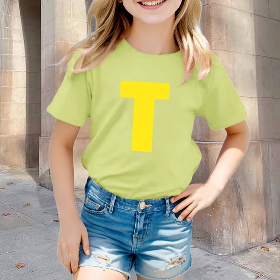Kids Girls T Shirts Light Yellow Printed Toddler Girl Short Sleeve Shirt Round Neck Little Girl Summer Clothes Outfits for Girls 5-6 Years