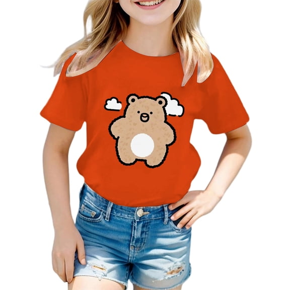 Kids Girls T Shirts Orange Printed Toddler Girl Short Sleeve Shirt Casual Little Girls Summer Clothes 6-7 Years Clothes for Girls