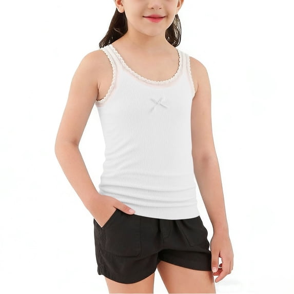Kids Girls Tank Top Cotton Camisole Kids Ribbed Sleeveless Tank Tops Soft Basic Lace Trim Bow Layering Tee White,Size 2-3 T