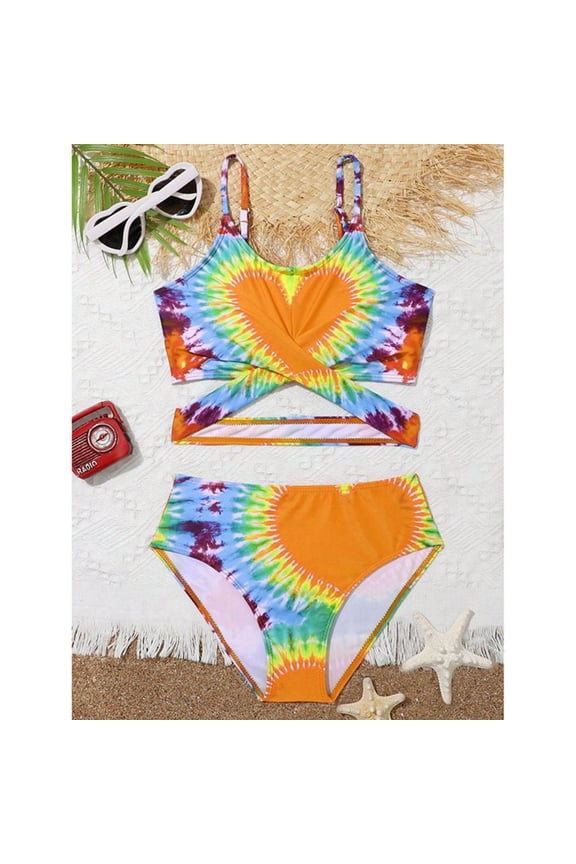 Kids Girls Tankinis Two Pieces Swimsuits Hawaiian Beach Sport Love Heart Bathing Suit Set for 8-14 Years